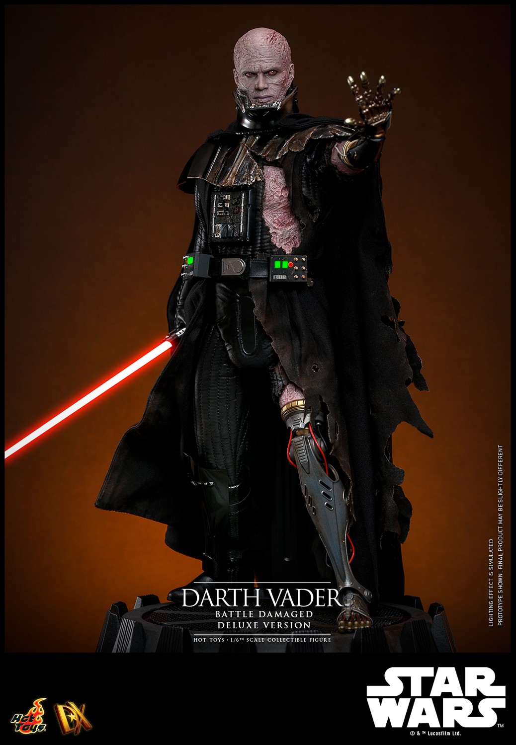 Left angle shot of Darth Vader™ (Battle Damaged) unmasked, displayed on a base, holding a lightsaber in his right hand, and extending his mechno left arm. (Prototype Shown) View 11