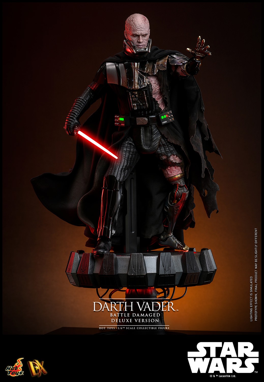 Right angle shot of Darth Vader™ (Battle Damaged) unmasked, standing on display base, holding a lightsaber in his right hand while extending his mechno left arm. (Prototype Shown) View 13