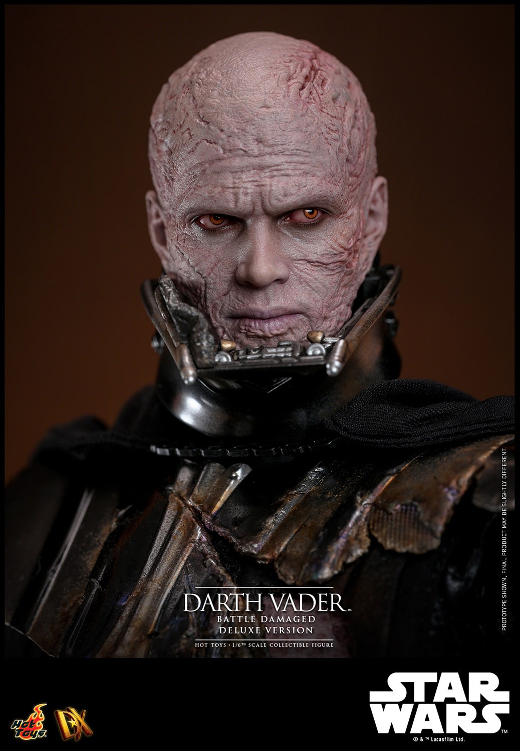 Close-up portrait of Darth Vader™ (Battle Damaged) unmasked, highlighting his detailed face sculpt and intricate battle-damaged features. (Prototype Shown) View 14