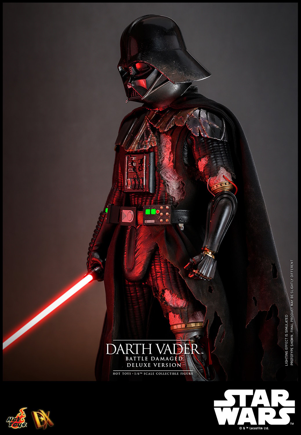 Left side view of Darth Vader™ (Battle Damaged) in full suit, holding a lightsaber in his right hand with his mechno left arm at his side. (Prototype Shown) View 16