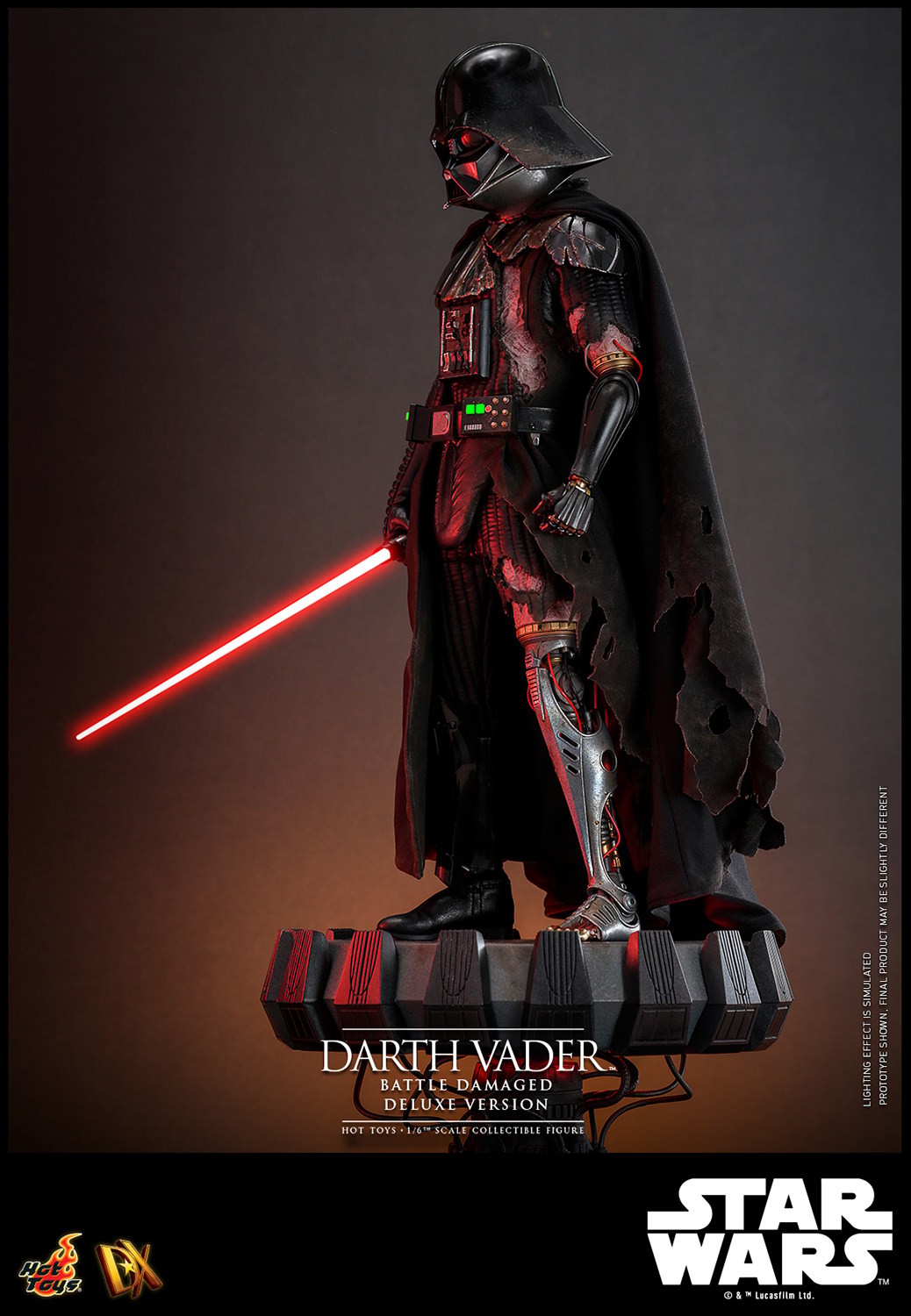 Left side view of Darth Vader™ (Battle Damaged) in full suit, displayed on a base, holding a lightsaber in his right hand with his mechno left arm at his side. (Prototype Shown) View 17