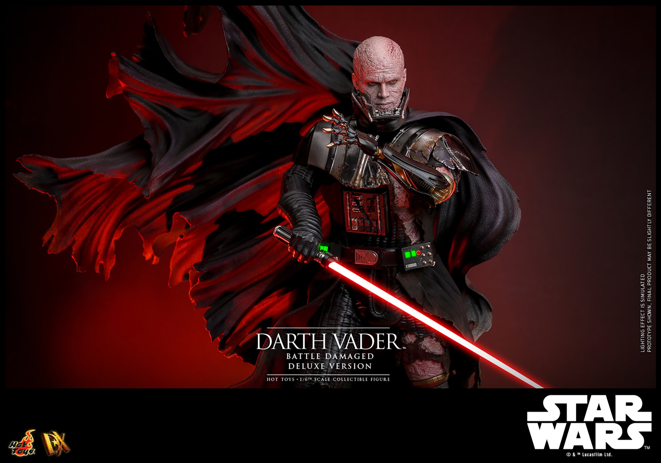 Half-body shot of Darth Vader™ (Battle Damaged), highlighting his face sculpt, silhouette cape, and mechno left hand, while holding a lightsaber in his right hand. (Prototype Shown) View 19