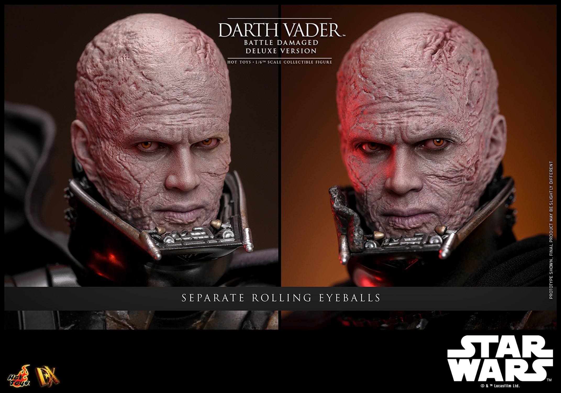 Two close-up portraits of Darth Vader™ (Battle Damaged), highlighting his detailed face sculpt and the separate rolling eyeballs feature. (Prototype Shown) View 21
