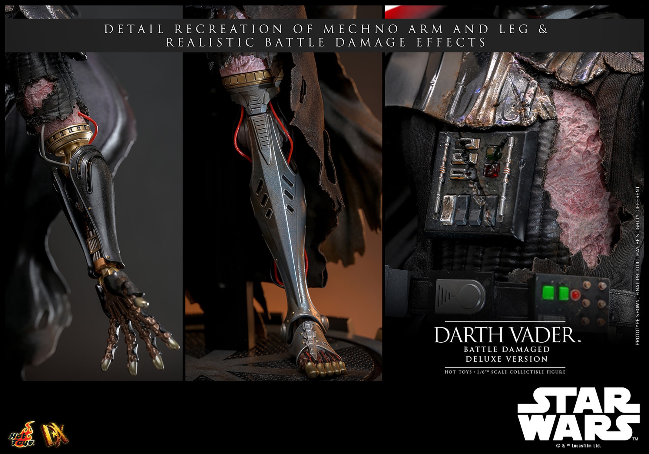 Three close-up portraits of Darth Vader™ (Battle Damaged), highlighting the detailed recreation of his mechno arm and leg, along with realistic battle damage effects. (Prototype Shown) View 22