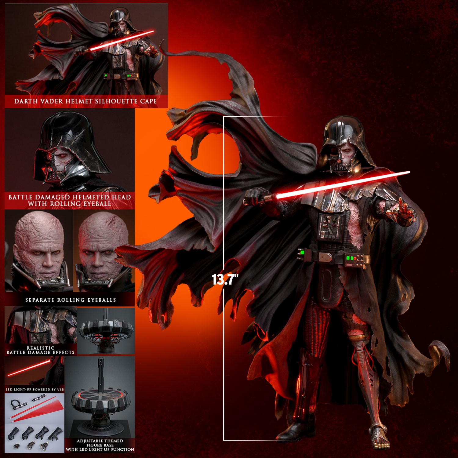 Full body shot of Darth Vader™ (Battle Damaged) to showcase his scale, accompanied by smaller portraits highlighting key features and box contents. (Prototype Shown) View 2