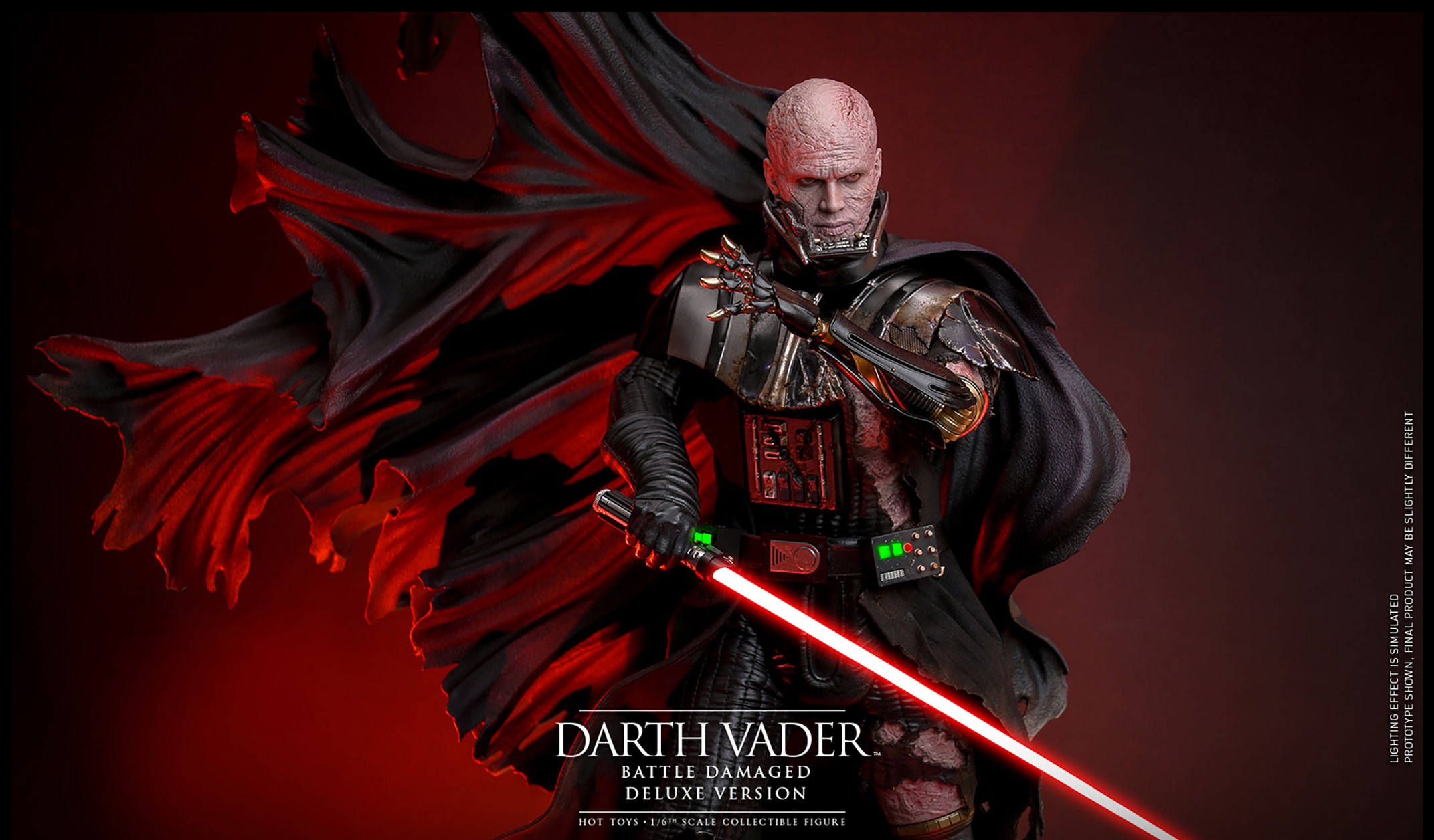 Half-body shot of Darth Vader™ (Battle Damaged), highlighting his face sculpt, silhouette cape, and mechno left hand, while holding a lightsaber in his right hand. (Prototype Shown) View 6