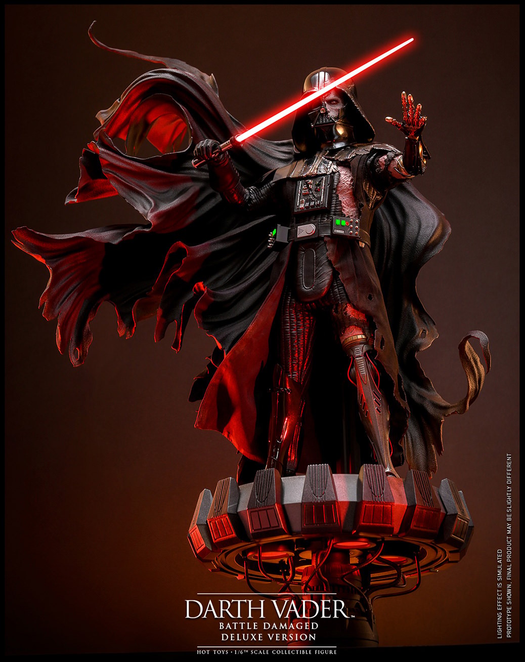 Lower angle shot of Darth Vader™ (Battle Damaged) on a display base, featuring his battle-damaged helmet, silhouette cape, and holding a lightsaber in his right hand. (Prototype Shown) View 8