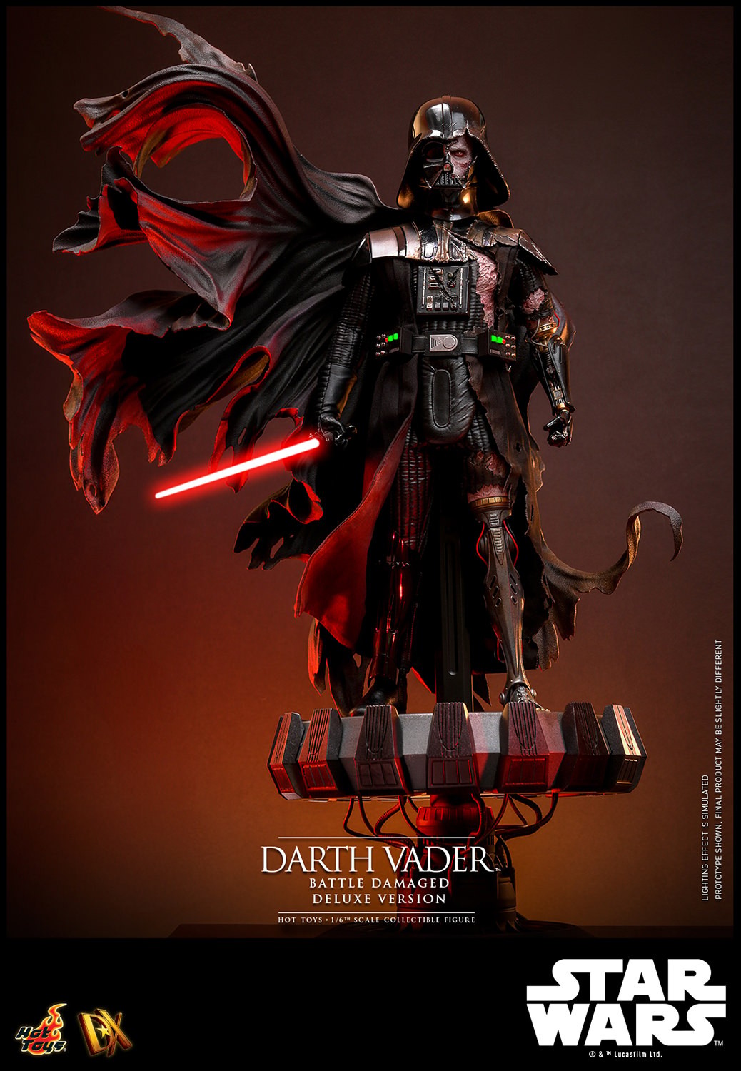 Full-body shot of Darth Vader™ (Battle Damaged) on a display base, featuring his battle-damaged helmet, silhouette cape, while holding a lightsaber in his right hand. (Prototype Shown) View 9
