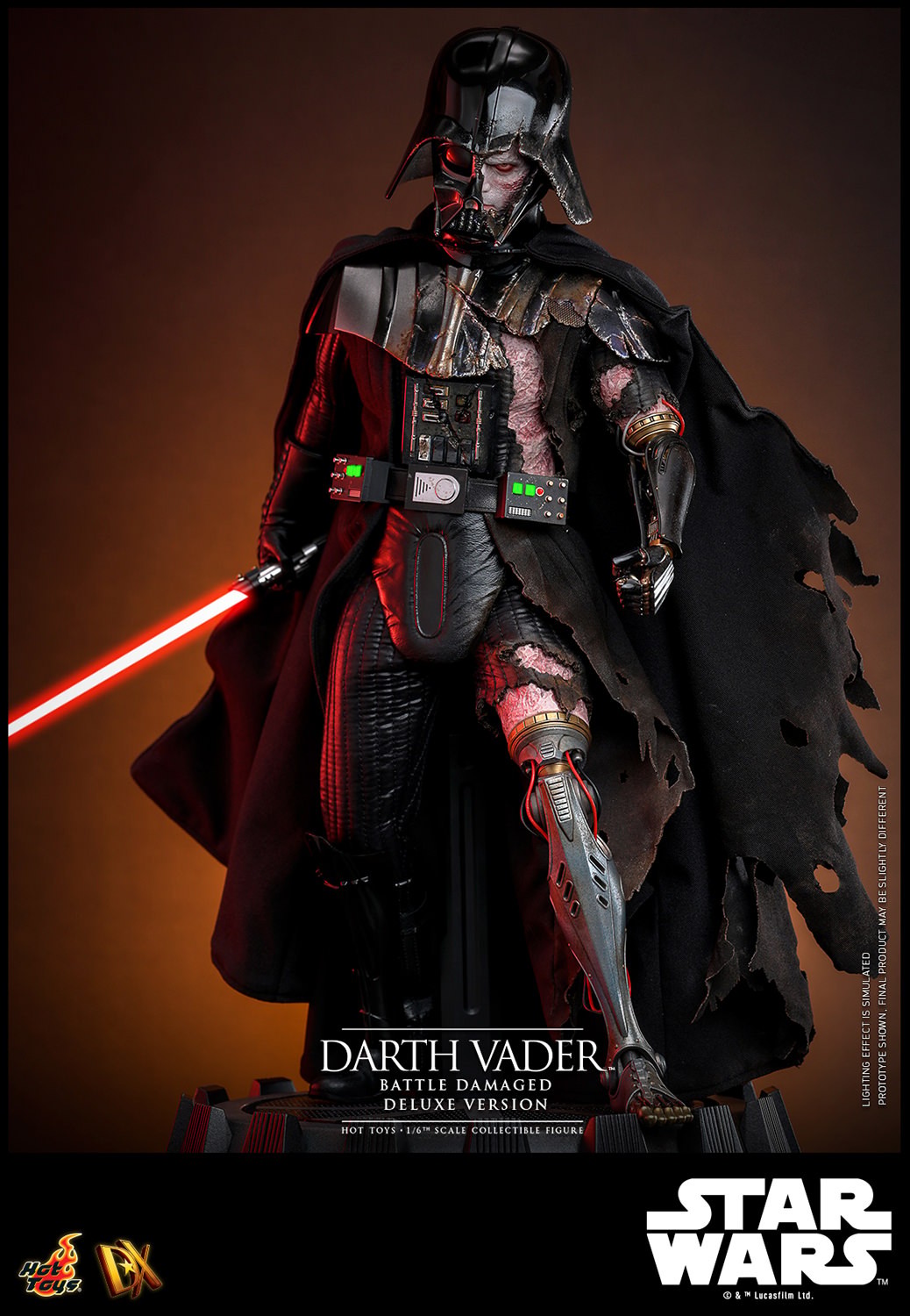 Full-body shot of Darth Vader™ (Battle Damaged), showcasing his interchangeable cape, battle-damaged helmet, and holding a lightsaber in his right hand. (Prototype Shown) View 11