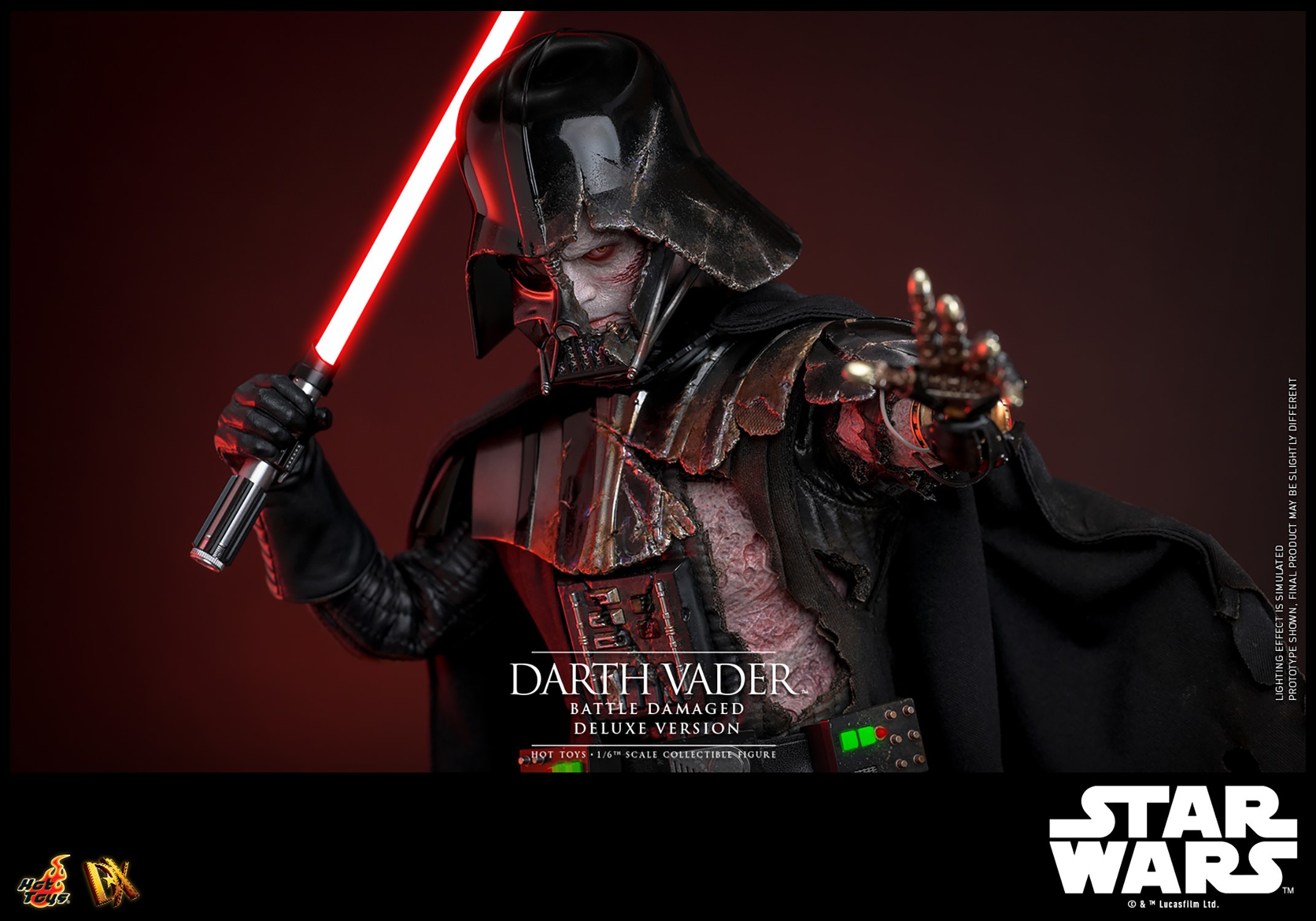 Left angle view of Darth Vader™ (Battle Damaged) in full suit, holding up lightsaber in his right hand and extending his mechno left arm. (Prototype Shown) View 20