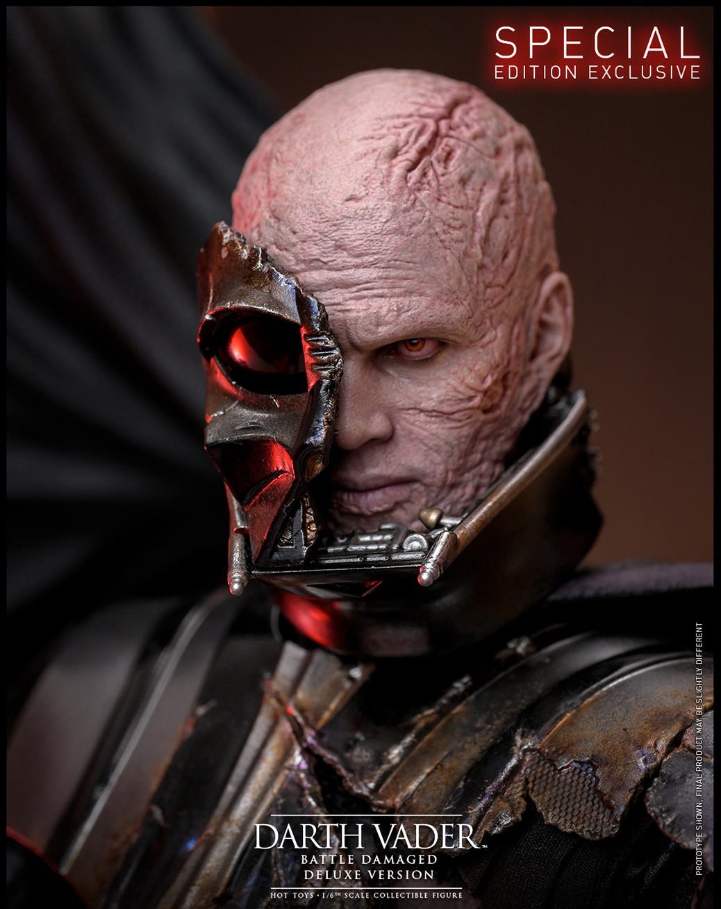 Close-up portrait of Darth Vader™ (Battle Damaged), showcasing the Special Edition damaged mask as a bonus accessory. (Prototype Shown) View 3