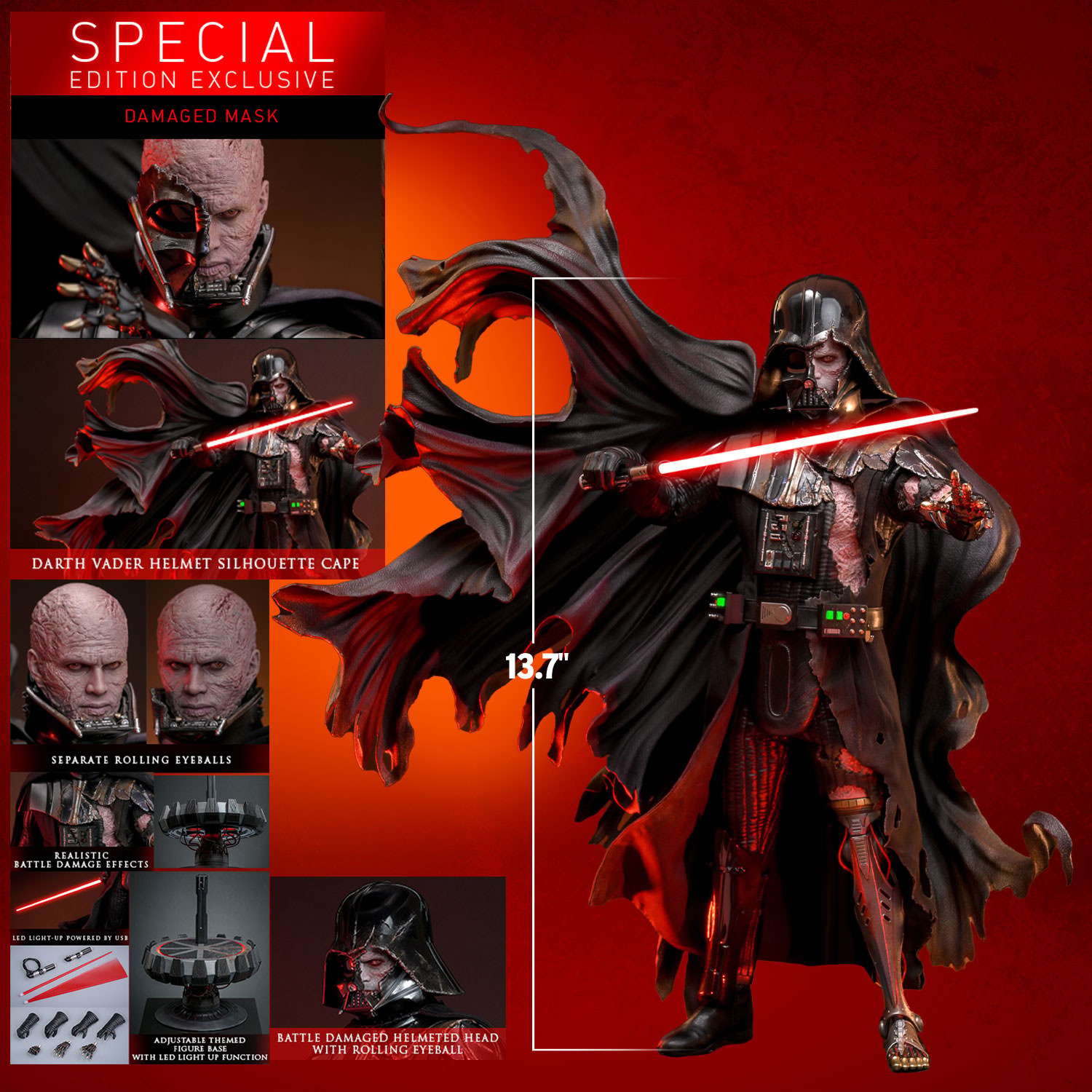 Full body shot of Darth Vader™ (Battle Damaged) to showcase his scale, accompanied by smaller portraits highlighting key features and box contents. (Prototype Shown) View 2