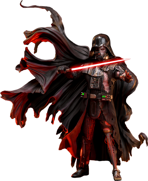 Full-body shot of Darth Vader™ (Battle Damaged), showcasing his helmet, silhouette cape, holding a lightsaber in his right hand, and extending his mechno left arm. (Prototype Shown) View 25
