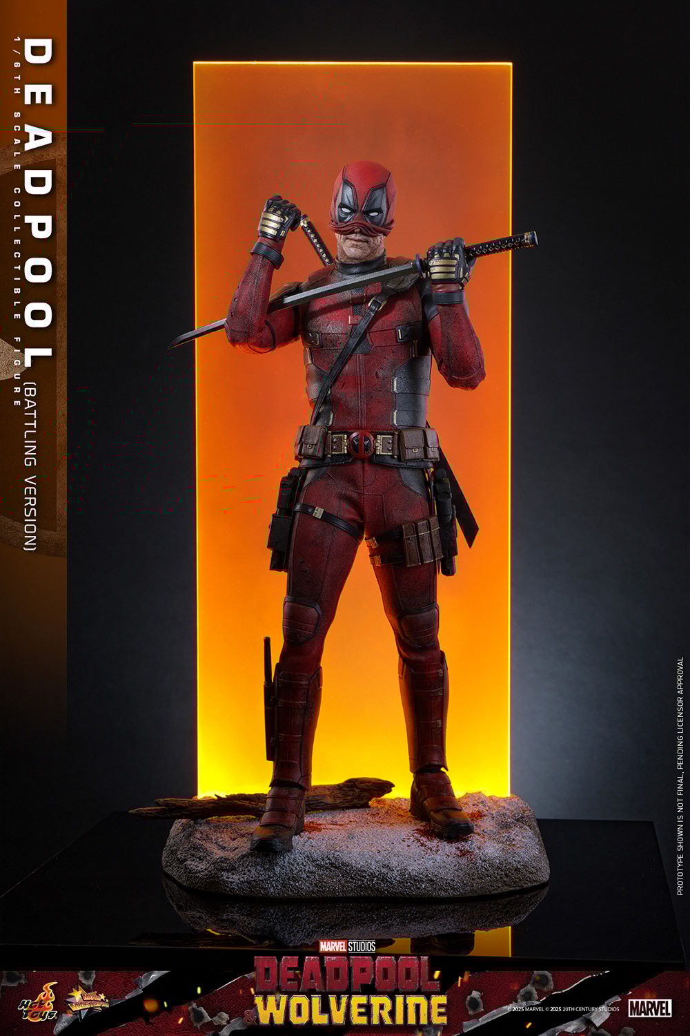 Vista completa do Deadpool Hot Toys Battling Version