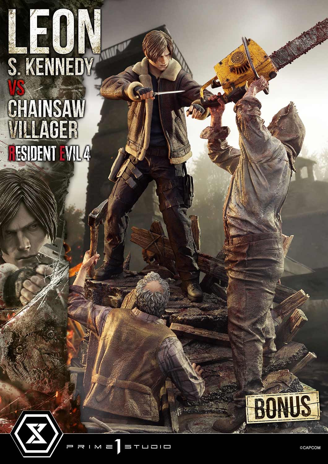Resident Evil Leon S. Kennedy vs. Chainsaw Villager (Bonus Version) Quarter Scale Statue  (Prototype Shown) View 6