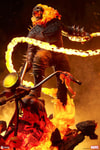Lower left angle of Ghost Rider with his flaming skull roaring, fire blazing through his head, standing on the Hell Cycle, and swinging a fiery chain whip against a fiery black background. Collector Edition (Prototype Shown) View 8