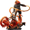 Lower left angle of Ghost Rider with flaming skull roaring, fire blazing through his head, standing on the Hell Cycle, and swinging a fiery chain whip against a white background. Collector Edition (Prototype Shown) View 22