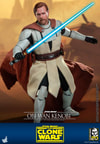 Full-body shot of Obi-Wan Kenobi in a wide stance, holding his blue lightsaber in front with his right hand and extending his left arm out by his side. (Prototype Shown) View 3
