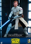 Full-body shot of Obi-Wan Kenobi in a wide stance, right leg forward, holding his lightsaber down by his right knee with a serious expression, cape removed, set in a Star Wars ship environment. (Prototype Shown) View 5