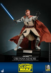 Full-body shot of Obi-Wan Kenobi on a display base, clad in his brown cape, posed in a wide stance with bent knees, holding his lightsaber back while extending his left hand forward, channeling 'the Force'. (Prototype Shown) View 8
