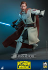 Action shot of Obi-Wan Kenobi in a low running stance, leading with his left leg, left arm bent near his chest, and holding a lightsaber in his right hand pulled back while looking to his left. (Prototype Shown) View 10