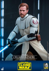 Close-up shot of Obi-Wan Kenobi in a deep squat, facing left, gripping a lightsaber with both hands in front of him, wearing white armor and a serious expression, without his cape. (Prototype Shown) View 11