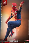 Left side view of Peter Parker (Advanced Suit 2.0), flying mid-air, gesturing to shoot webs with his left hand, knee bent, looking left. (Prototype Shown) View 15
