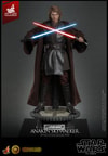 Full-body shot of Anakin Skywalker™ (Artisan Edition) on base, crossing red and blue lightsabers against a dark background, wearing a Jedi robe. (Prototype Shown) View 4