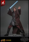 Full-body shot of Anakin Skywalker™ (Artisan Edition) in wide stance, holding blue lightsaber, left palm at face, wearing Jedi robe. (Prototype Shown) View 9