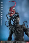 Front half-body view of Spider-Man (Black Suit) with a menacing alien symbiote head on his shoulder, its iconic tongue extending, symbiote covering his arms, and his right leg perched up. (Prototype Shown) View 13