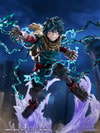 Full shot of Izuku Midoriya from a front-left angle, mid-air on display with a purple aura, blackwhip swirling around him, and a menacing expression, poised for battle. (Prototype Shown) View 5