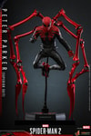Close-up shot of Peter Parker (Superior Suit) suspended by a waist stand, legs together, knees bent, with metallic red spider pincers curled in. (Prototype Shown) View 3