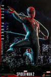 Action shot of Peter Parker (Superior Suit) soaring through the city, knees bent back, gripping webbing with his left hand, right hand shooting web, gazing right. (Prototype Shown) View 5