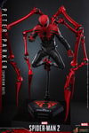 Close-up shot of Peter Parker (Superior Suit) suspended by a waist stand, legs together, knees bent, with metallic red spider pincers curled in. (Prototype Shown) View 9