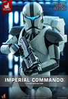 Half-body shot of Imperial Commando™ showcasing battle-worn armor with gray markings, fabric under-suit, military backpack, and blaster rifle. (Prototype Shown) View 1