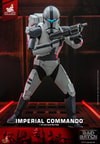 Full-body shot of Imperial Commando™ in a wide stance, holding his blaster rifle up by his chest, showcasing detailed armor and weapon design. (Prototype Shown) View 8