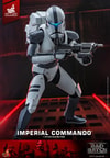 Full-body shot of Imperial Commando™ in wide squat, right leg forward, holding blaster rifle by chest, highlighting detailed armor and weapon design. (Prototype Shown) View 9