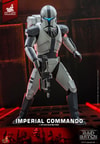 Full-body shot of Imperial Commando™ in wide stance, holding blaster rifle down in right hand with left arm bent back, highlighting detailed armor design. (Prototype Shown) View 10