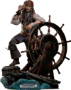 Full-body shot of Jack Sparrow (Deluxe Version) posed on a segment of the Black Pearl with a treasure chest, holding a tube scope in his right hand and resting his left arm on the ship's steering wheel. (Prototype Shown) View 22