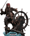 Full-body shot of Jack Sparrow posed on a segment of the Black Pearl with a treasure chest, holding a sword in his right hand and holding onto the ship's steering wheel. (Prototype Shown) View 24