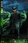 God Loki stepping forward with left foot, wearing classic attire and horned helmet, holding timeline effects in hand. Collector Edition (Prototype Shown) View 8