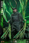 Showing God Loki at a lower angle, wearing classic attire and horned helmet, holding timeline effects in hand. Collector Edition (Prototype Shown) View 9