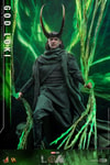 God Loki at a lower angle stepping forward with right foot, wearing classic attire and horned helmet, holding timeline effects in hand. Collector Edition (Prototype Shown) View 10