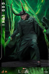 Left-angle view of God Loki lunging forward in classic attire and horned helmet, gripping timeline effects. Collector Edition (Prototype Shown) View 12