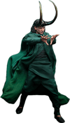 Full-body shot of Loki standing with his left leg forward, hands extended and open, cloak flowing, wearing his iconic horned helmet, and displaying a menacing expression. Collector Edition (Prototype Shown) View 20