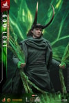 God Loki at a lower angle, wearing classic attire and horned helmet, holding timeline effects in hand. (Prototype Shown) View 8
