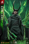 Showing God Loki at a lower angle, wearing classic attire and horned helmet, holding timeline effects in hand. (Prototype Shown) View 9