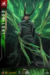 Showing God Loki at a lower angle, wearing classic attire and horned helmet, holding timeline effects in hand. (Prototype Shown) View 10