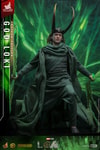 God Loki stepping forward with left foot, wearing classic attire and horned helmet, holding timeline effects in hand. (Prototype Shown) View 12
