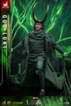 God Loki stepping forward with left foot, wearing classic attire and horned helmet, holding timeline effects in hand. (Prototype Shown) View 13